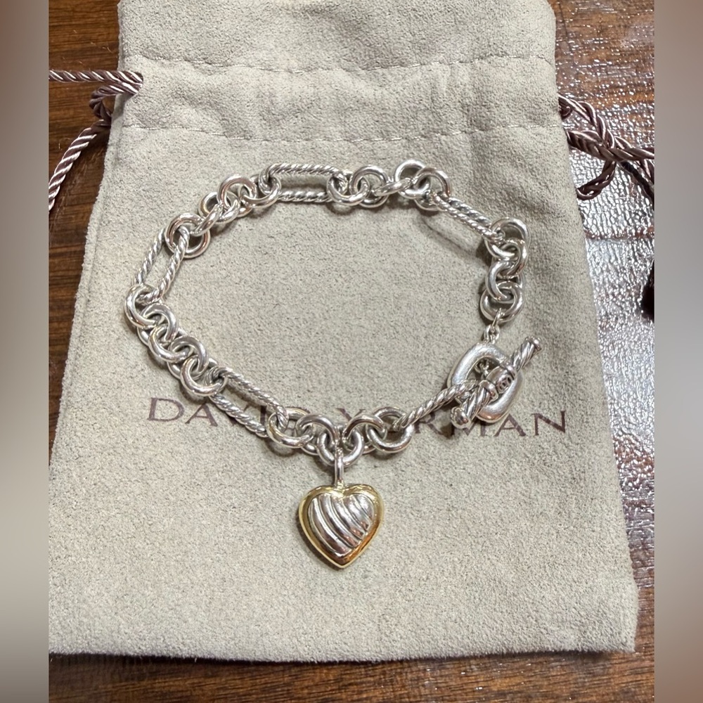 David Yurman Cable Figaro Sterling Silver & 18K Gold Heart Toggle Bracelet 7”
